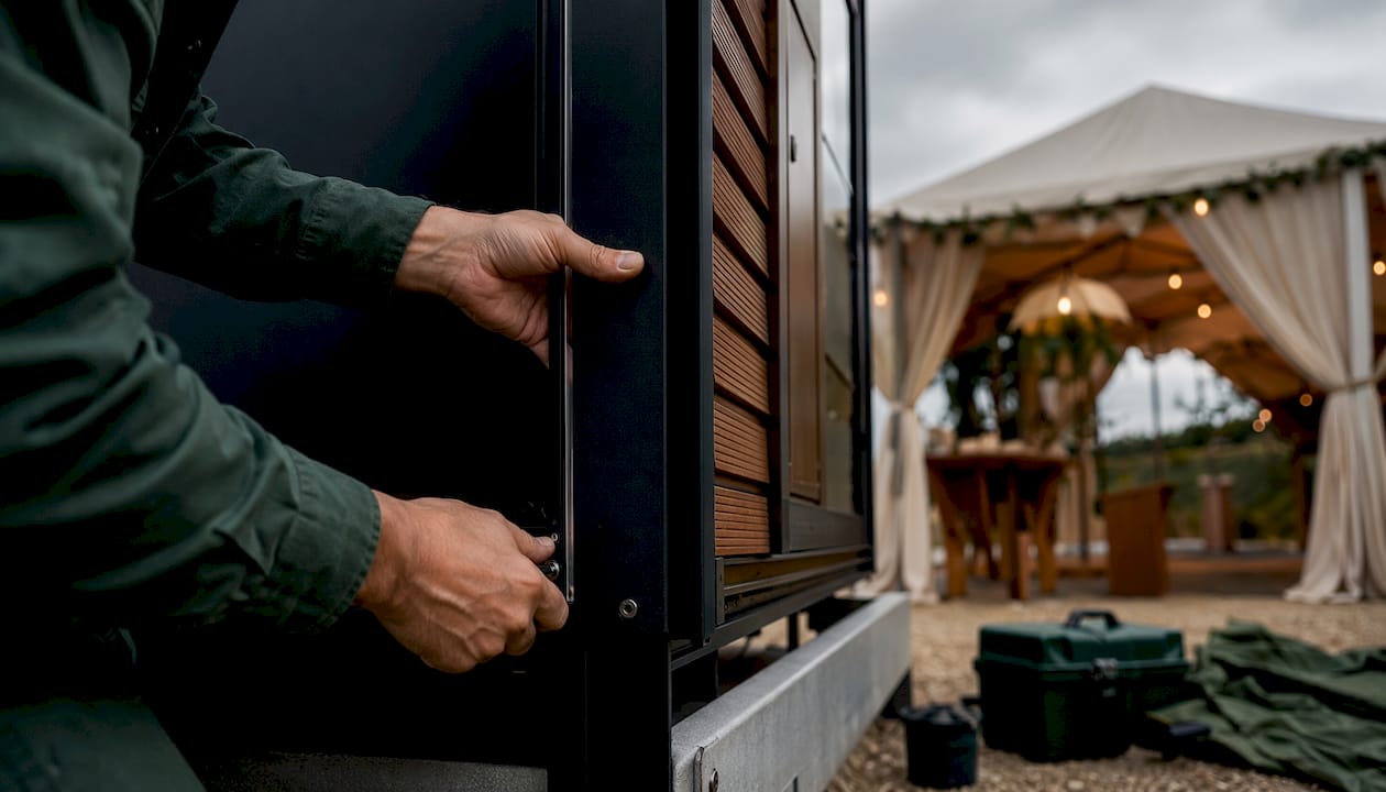 Un technicien s’occupe de l’installation intérieure d’un module sanitaire mobile haut de gamme.