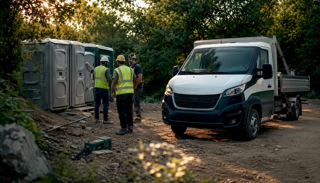 Un camion effectue la livraison de sanitaires mobiles sur un chantier de construction.