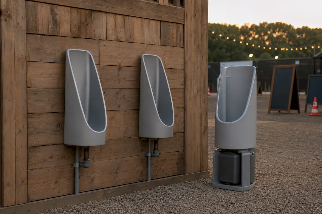 Urinoirs sans eau fixes et mobiles côte à côte en extérieur
