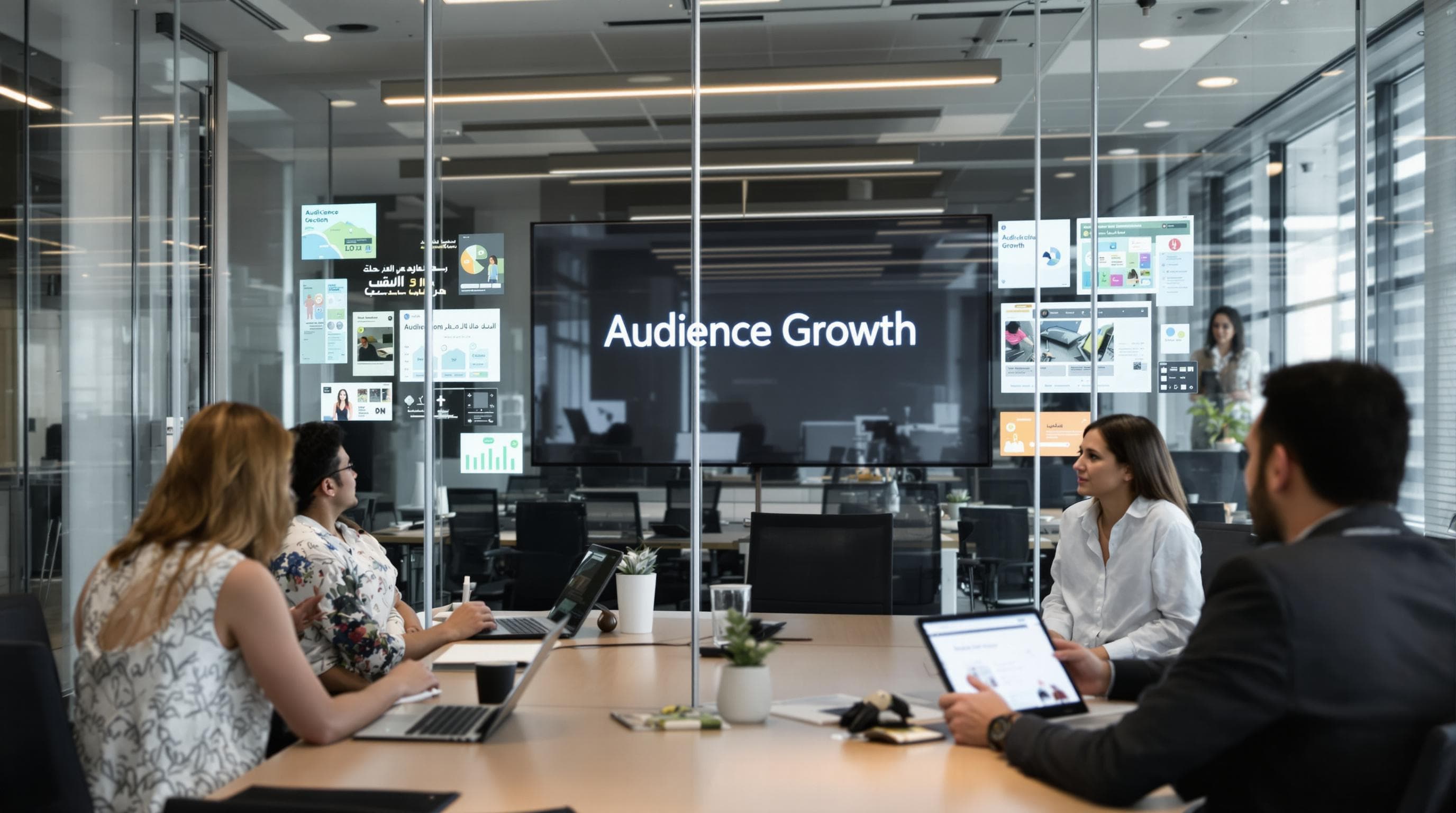 Digital marketing team reviewing multimedia content with 'Audience Growth' overlay
