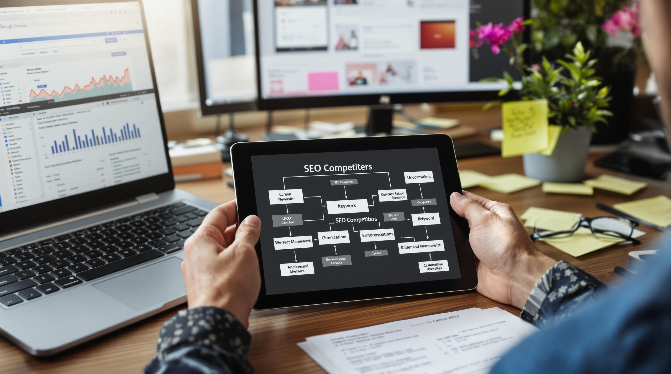 SEO specialist mapping competitor websites and keywords on desk