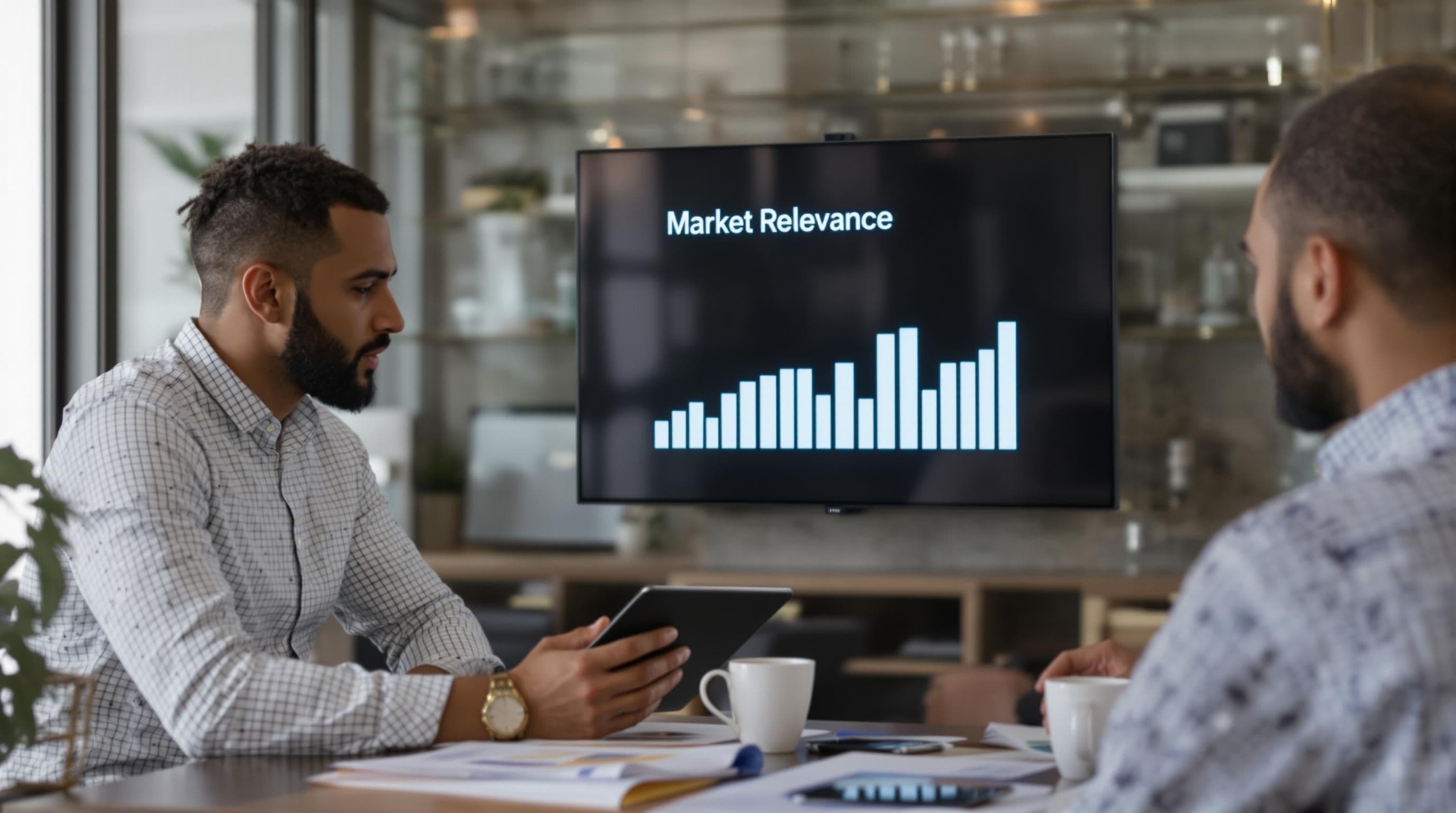 UAE business team reviews market data, 'Market Relevance' on screen