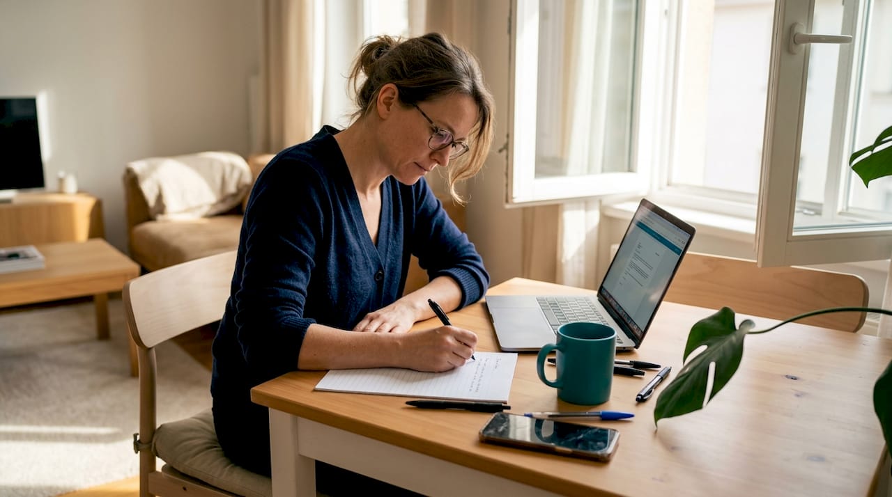 Executive woman handwrites cover letter at home table