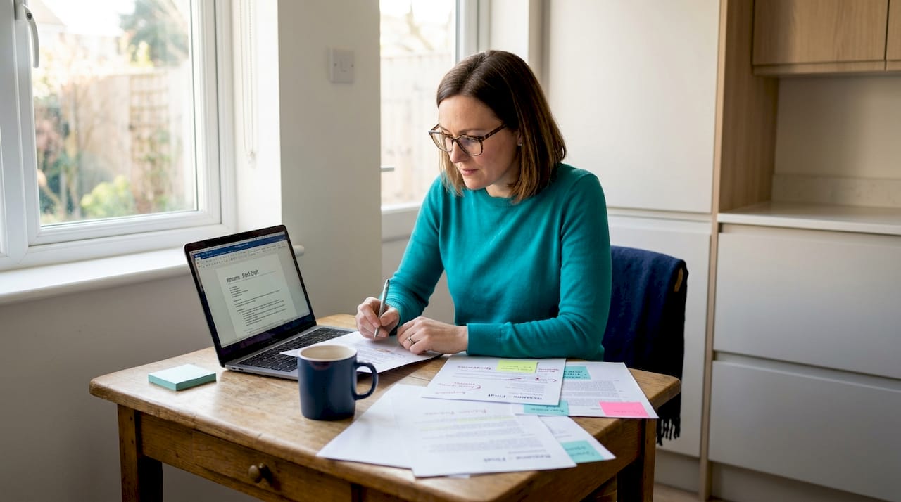 Woman editing resume at kitchen table with notes