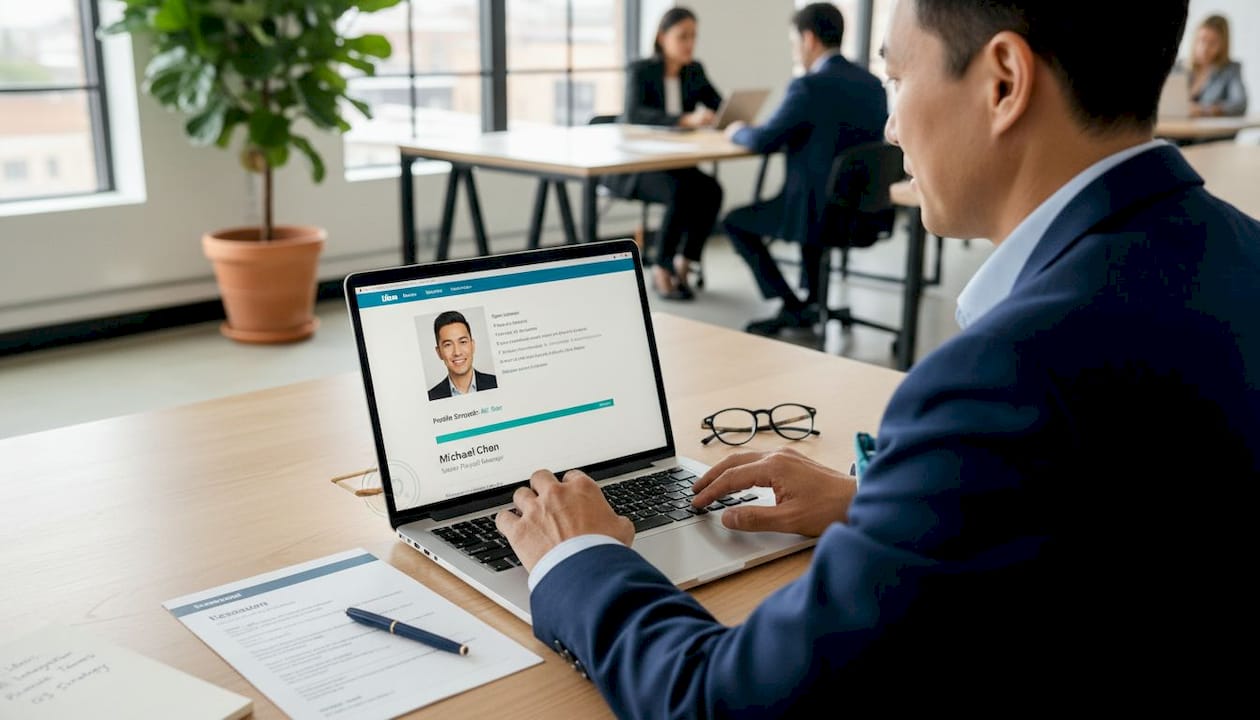 Executive optimizing LinkedIn profile at office desk