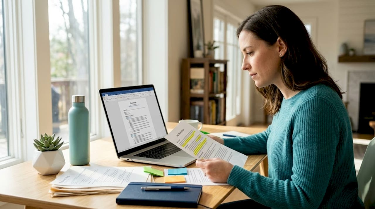 Woman tailoring resume at home office desk