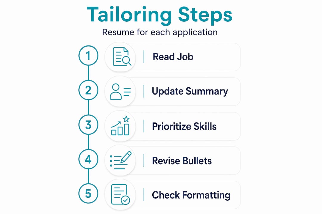 Infographic showing resume tailoring step-by-step process