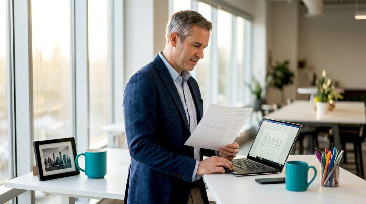 Professional updating cover letter at office desk
