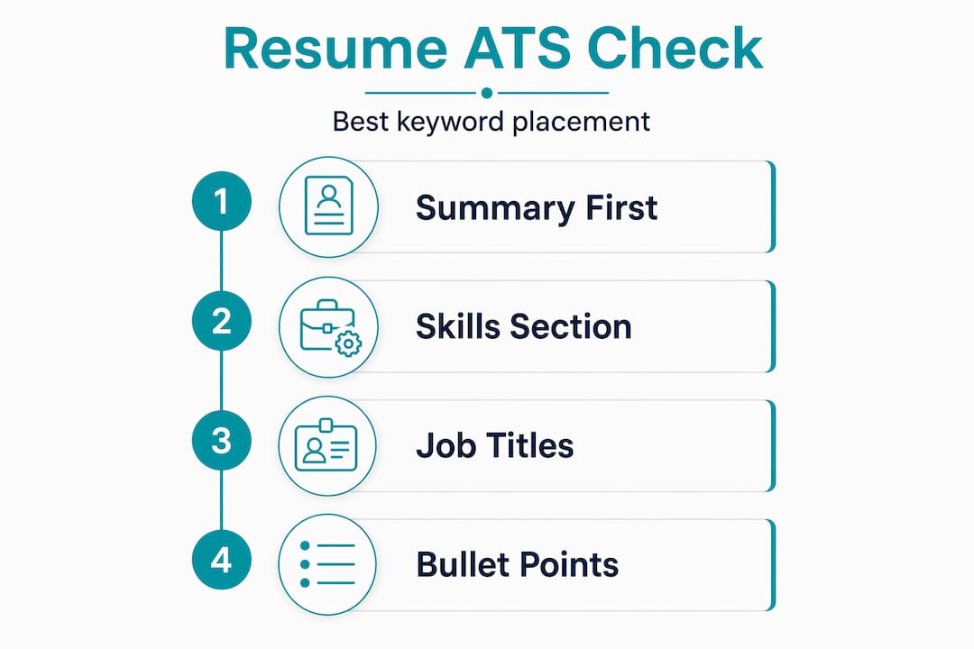 Vertical infographic shows keyword placement steps for ATS