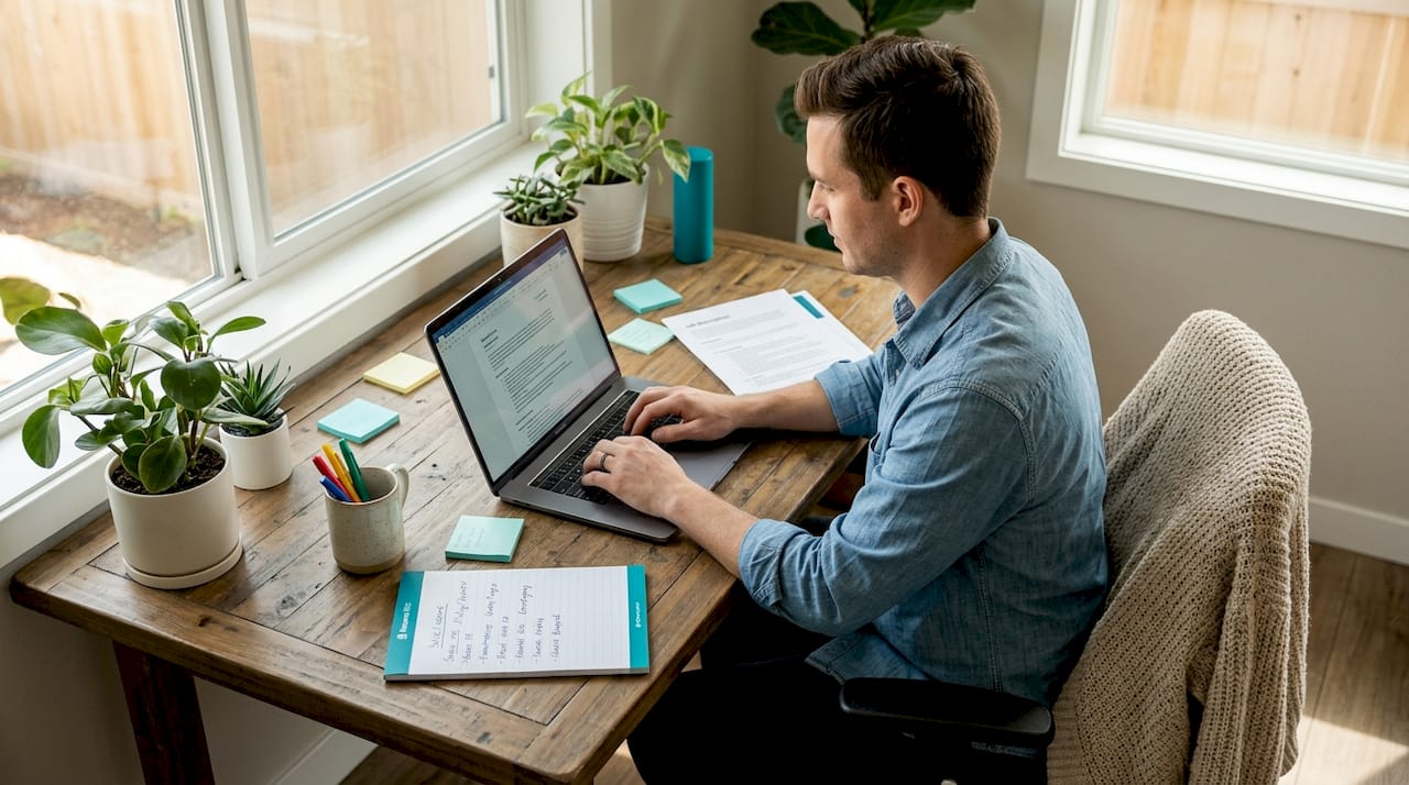 Job seeker working on resume in home office