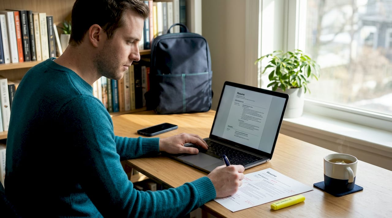 Man revising resume at casual workspace