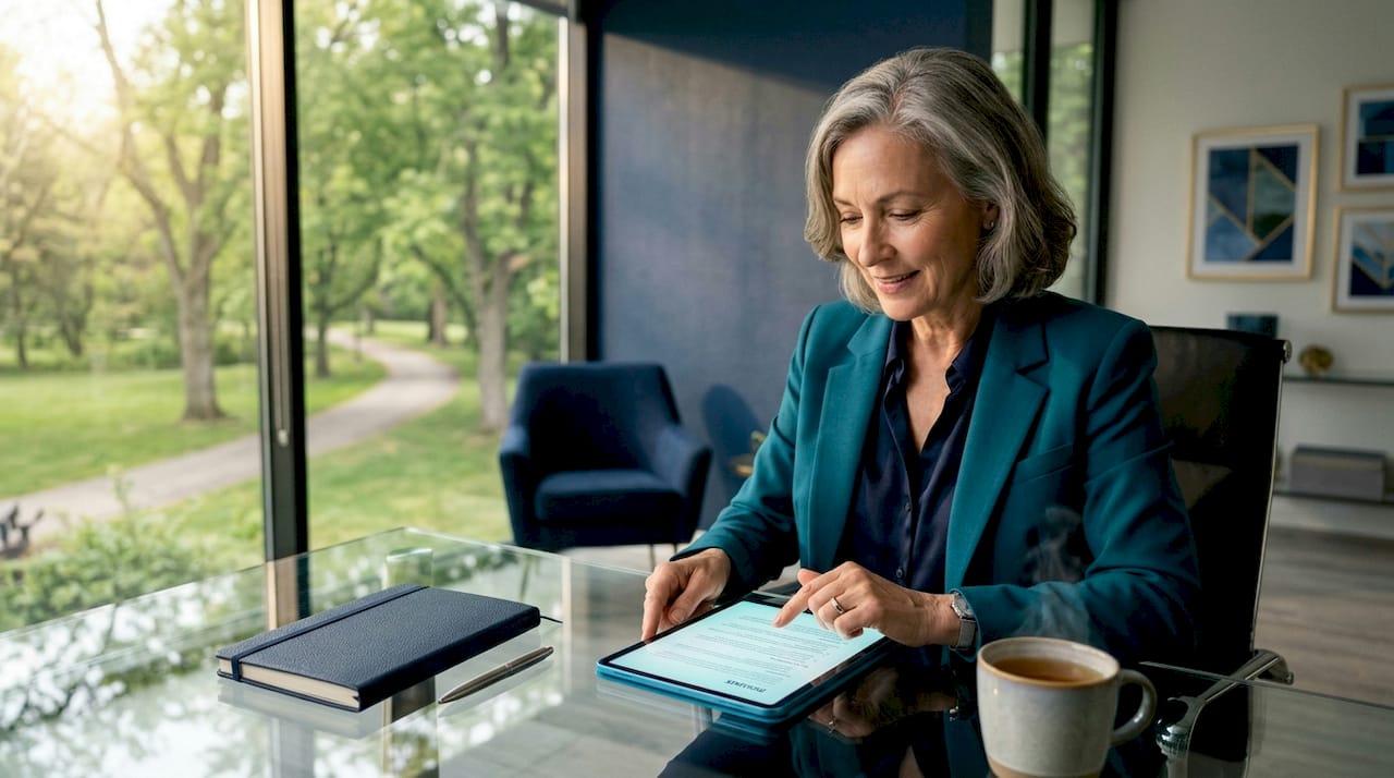 Executive reviewing minimalist resume in bright office