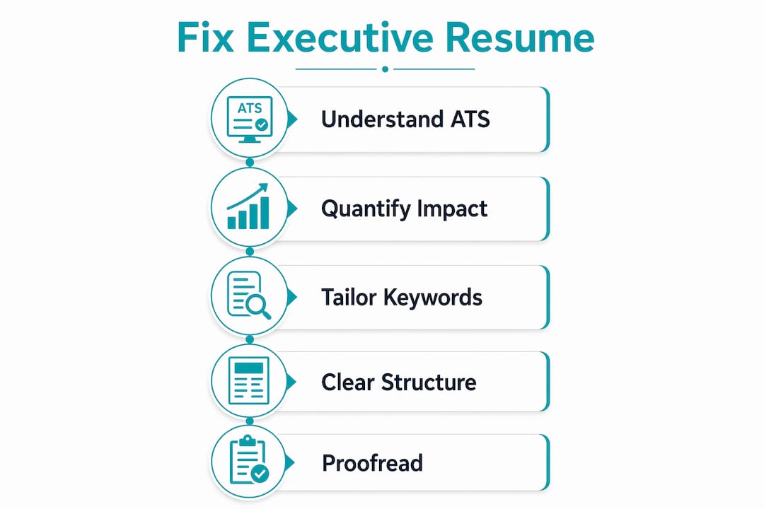 Infographic showing 5 key steps to fix executive resume