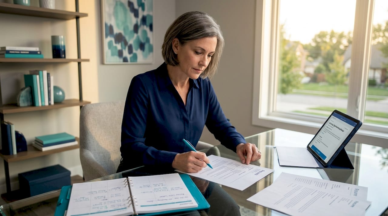 Executive woman reviewing resume at desk
