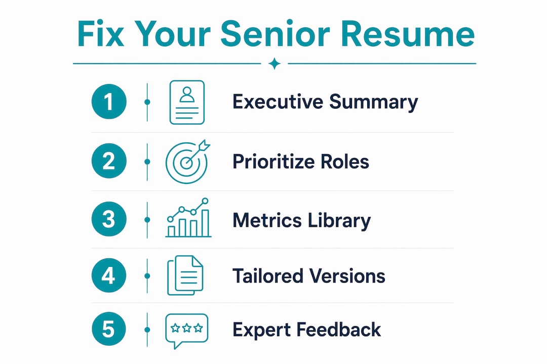 Infographic showing five steps to fix senior resume