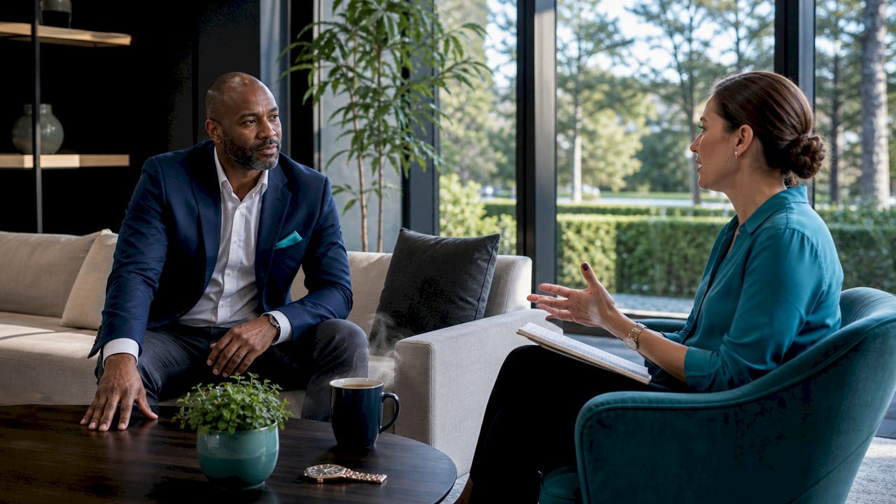 Executive and coach in office discussion