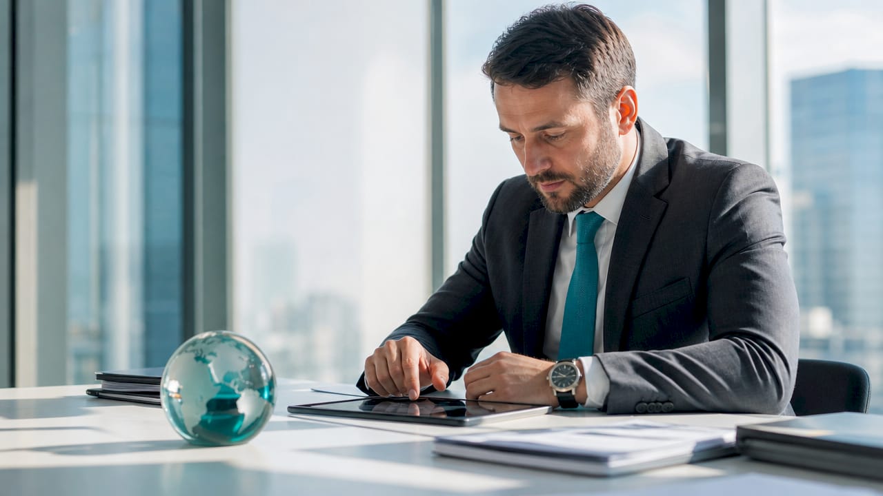 Executive hands interacting with tablet in office