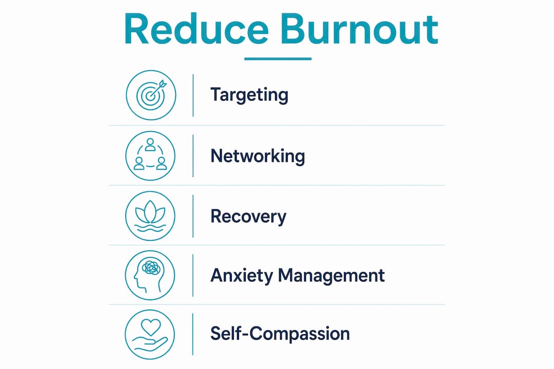 Infographic showing practical strategies to reduce job search burnout