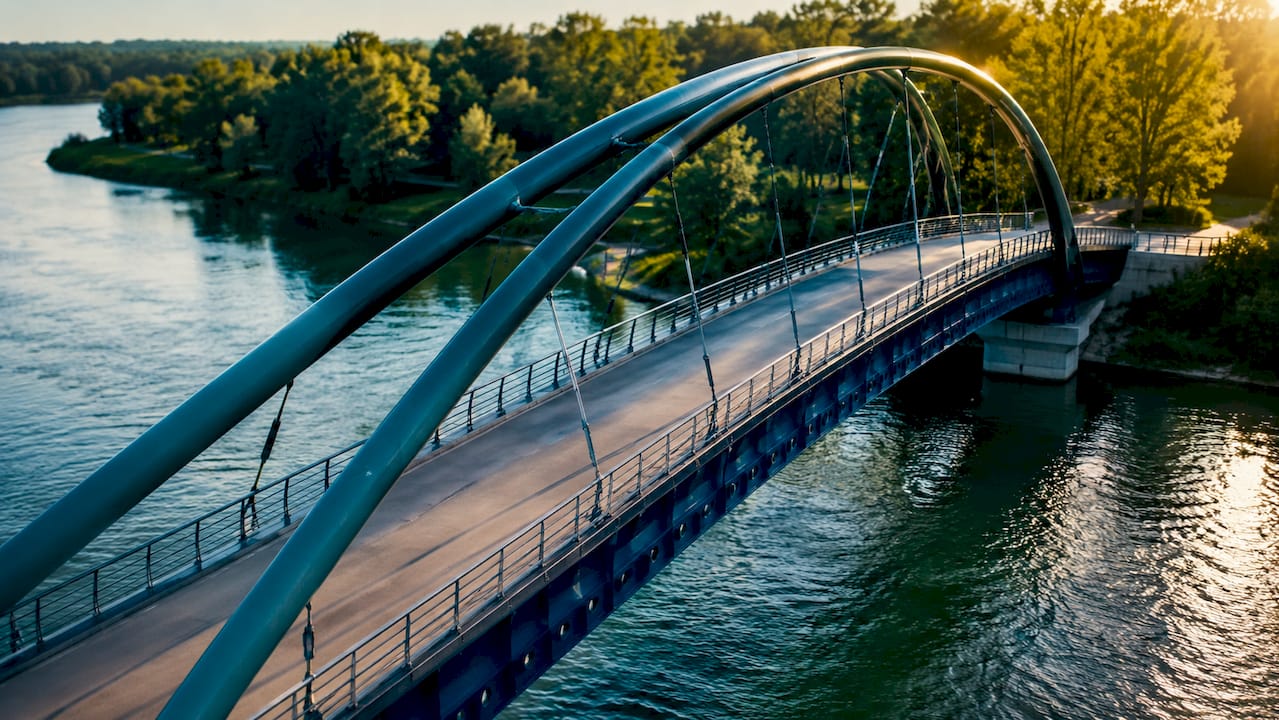 Close-up of sleek modern bridge structure in teal and navy