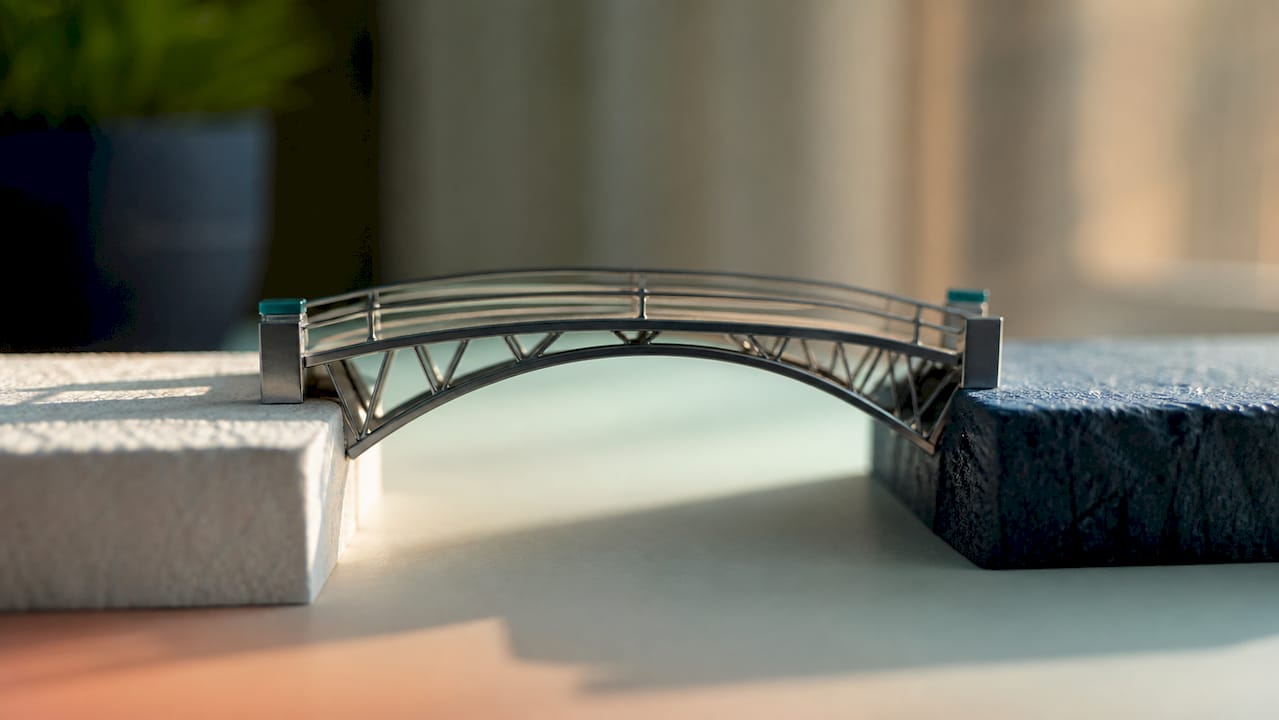 Close-up macro photo of modern miniature bridge model