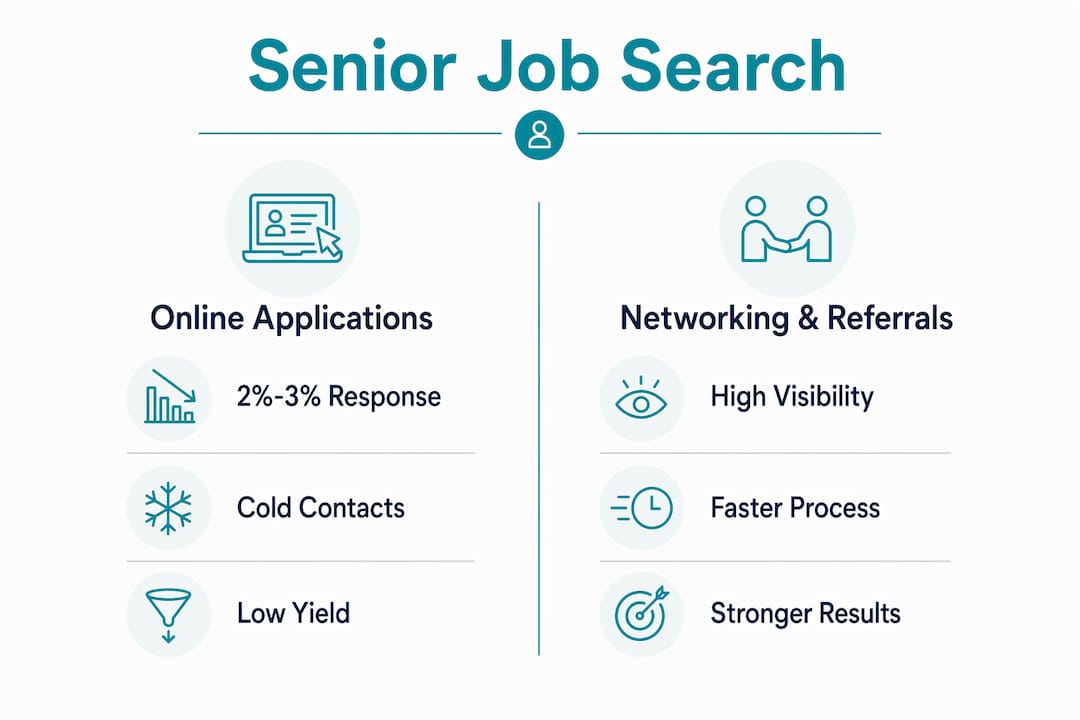 Infographic comparing online applications vs networking for senior roles