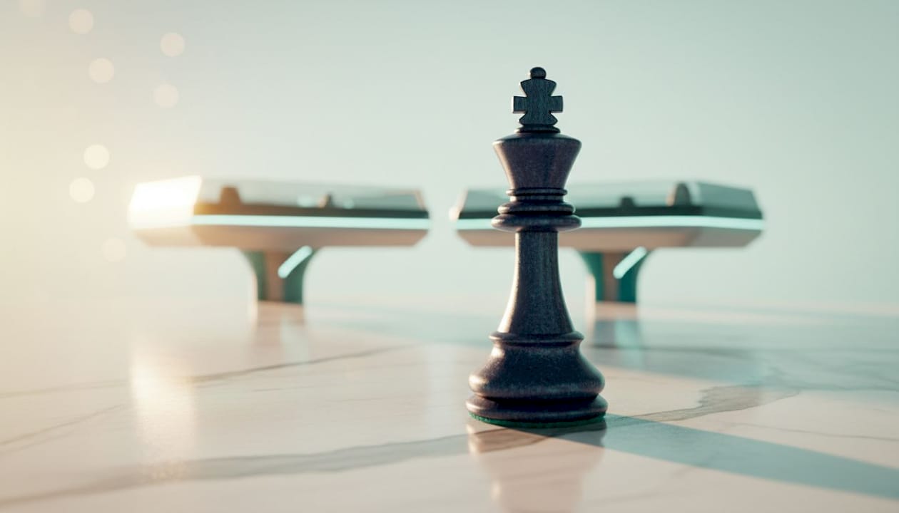Close-up chess king with blurred bridge background