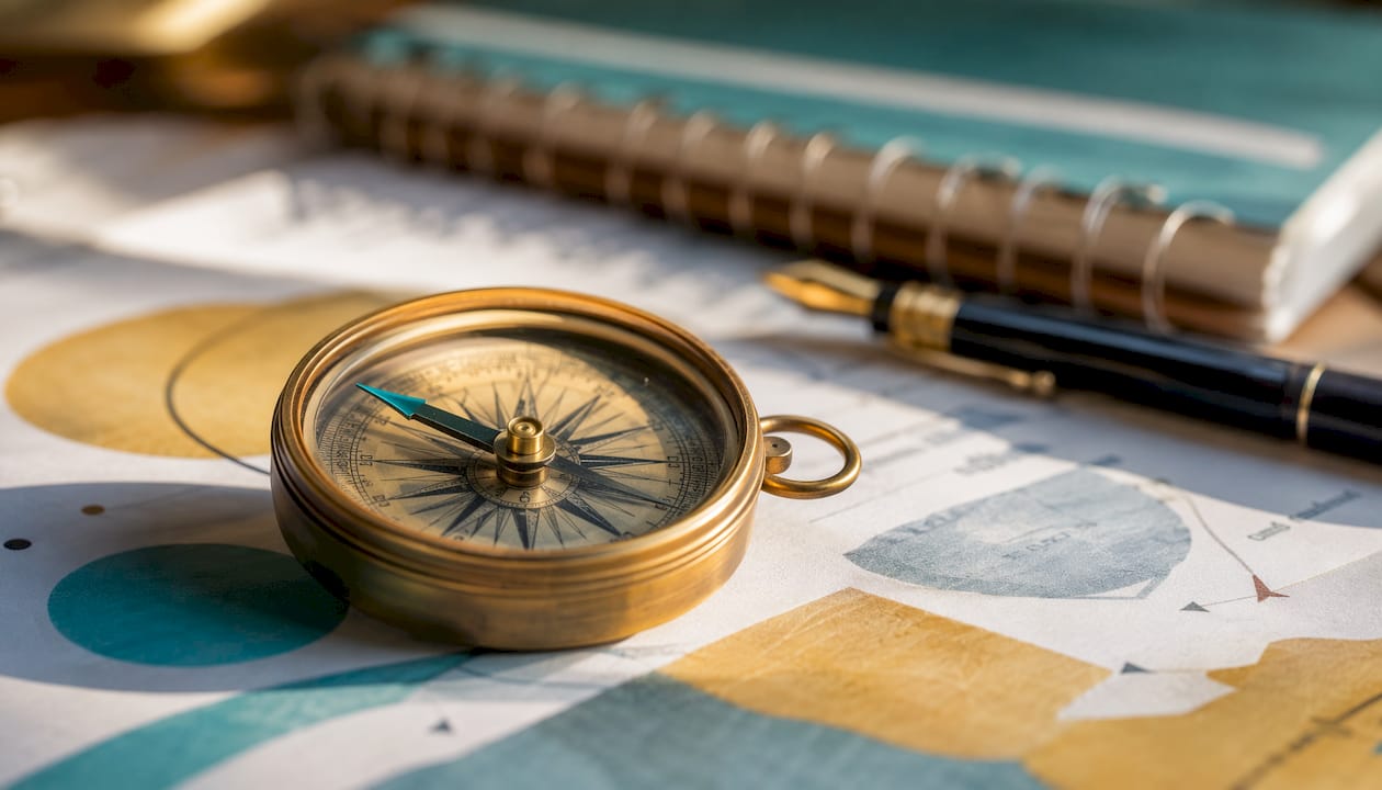 Close-up vintage compass on career notes