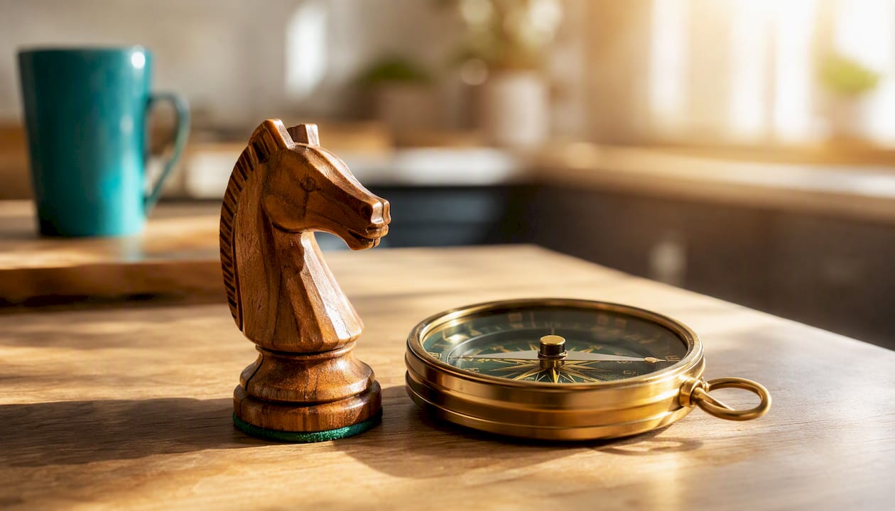 Close-up of chess knight piece and compass