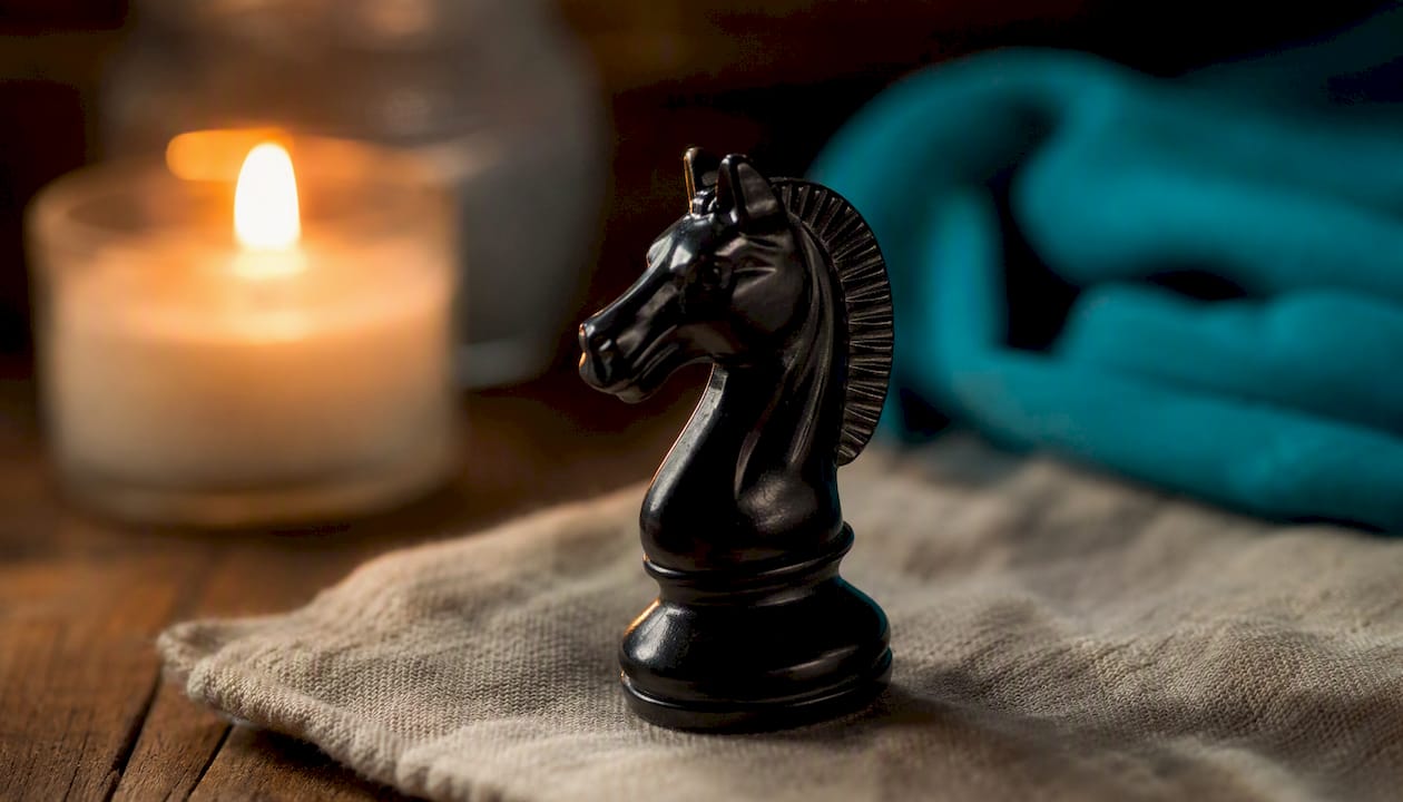 Close-up chess knight piece, sunlight on board