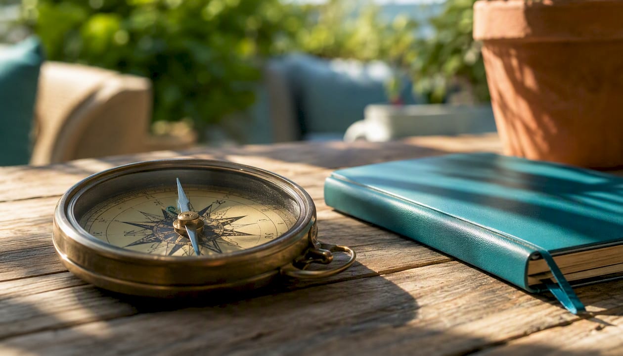 Macro shot of compass on wooden desk, sunlight