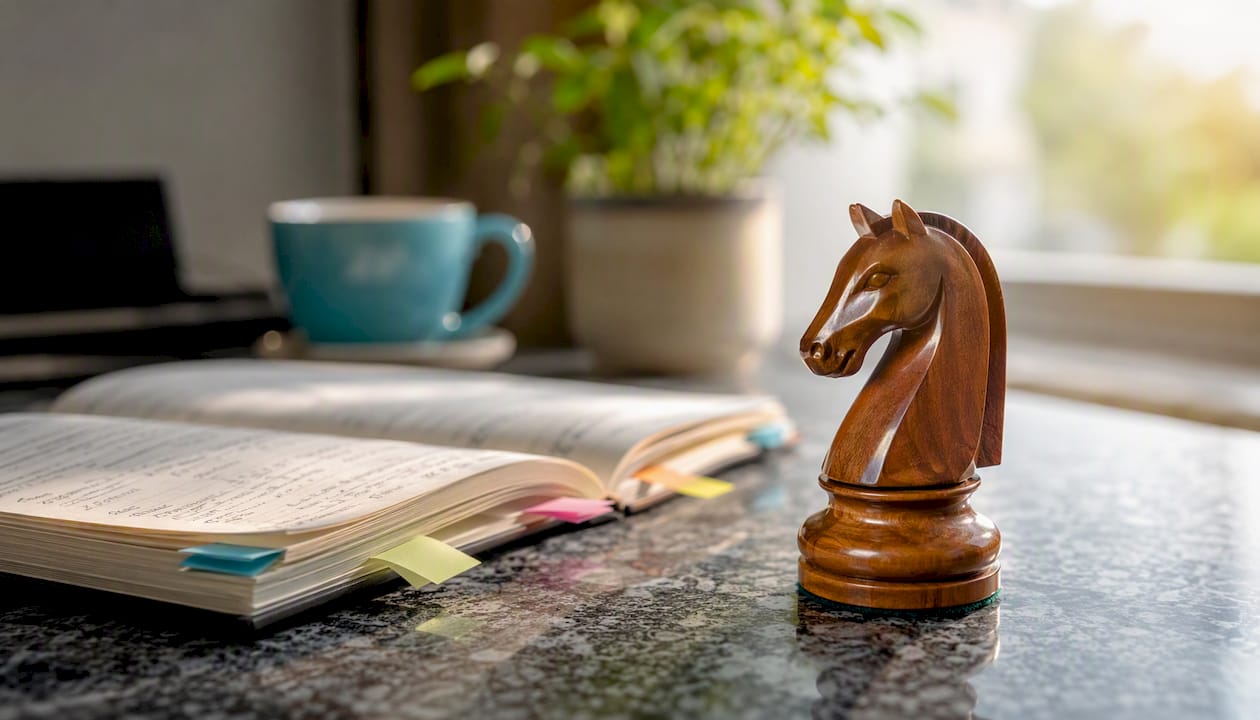 Close-up of chess knight on desk symbolizing strategy