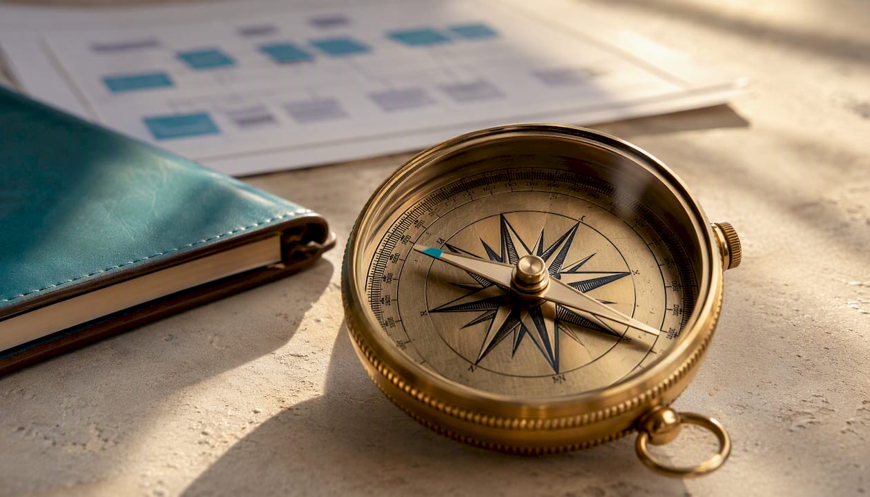 Close-up of brass compass on wooden desk