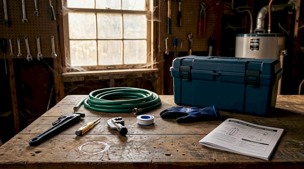 Workbench with water heater replacement tools