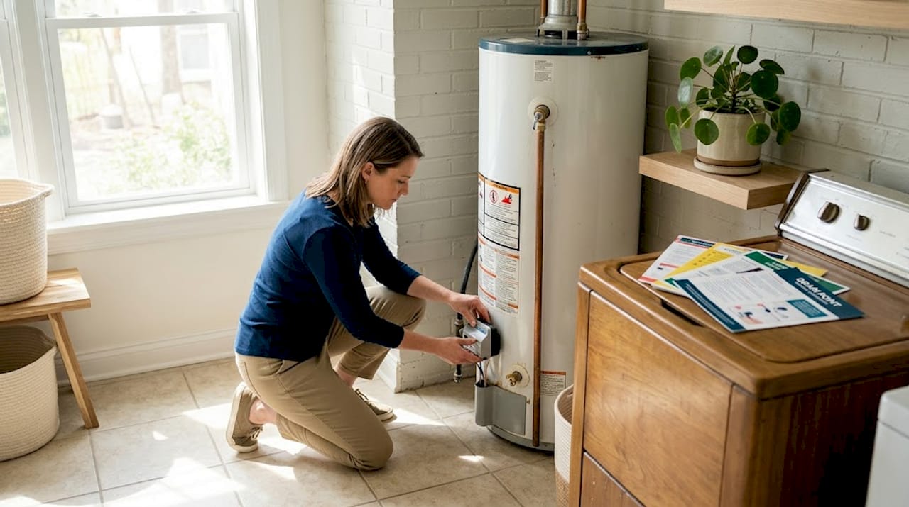 Homeowner installing smart leak detector device
