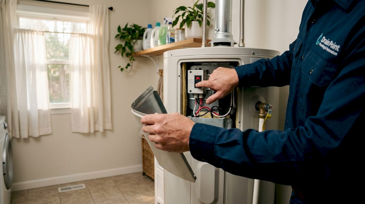 Hands pressing water heater reset button
