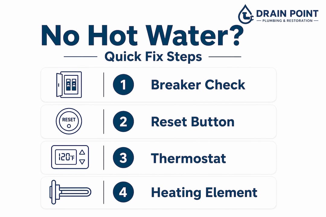 Infographic summarizing water heater fix steps