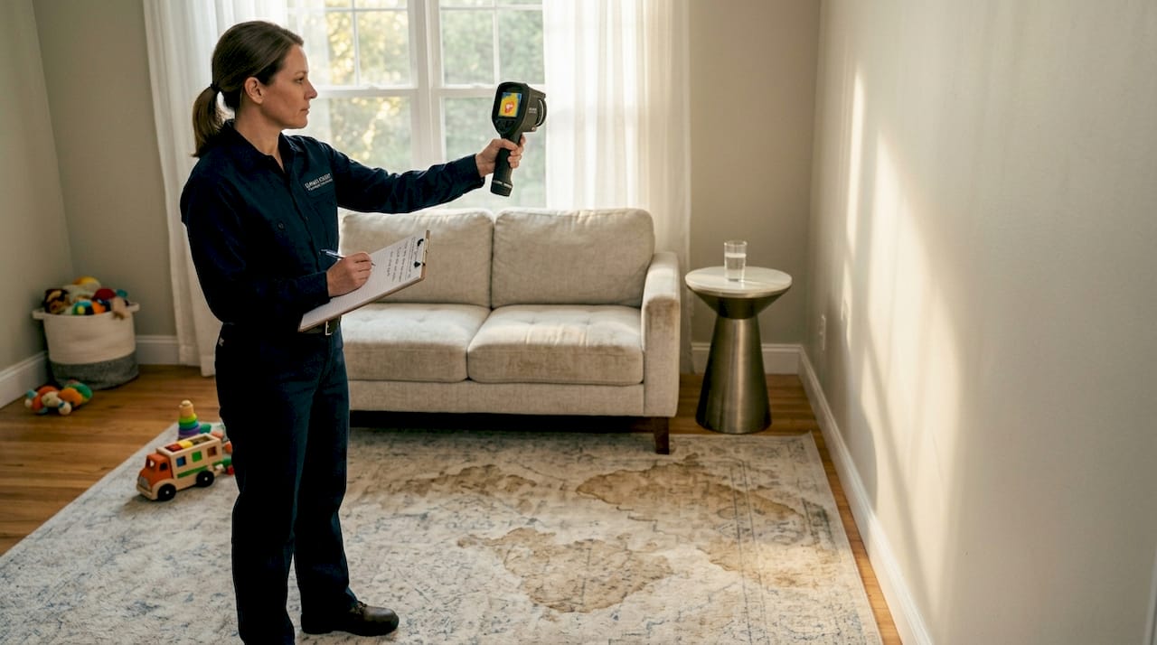 Plumber uses thermal camera in home living room
