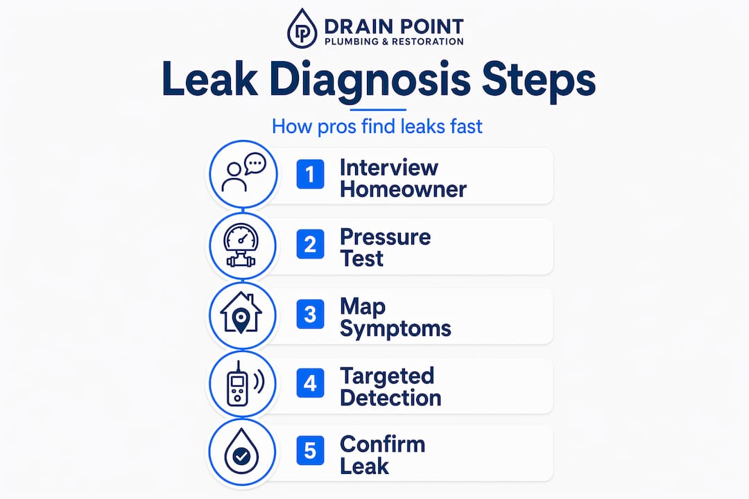 Infographic showing leak diagnosis steps