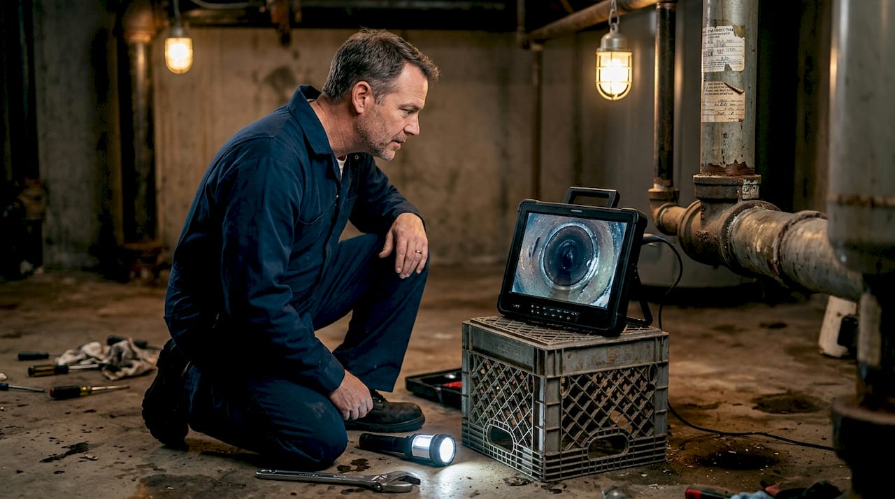 Plumber reviewing drain camera inspection footage