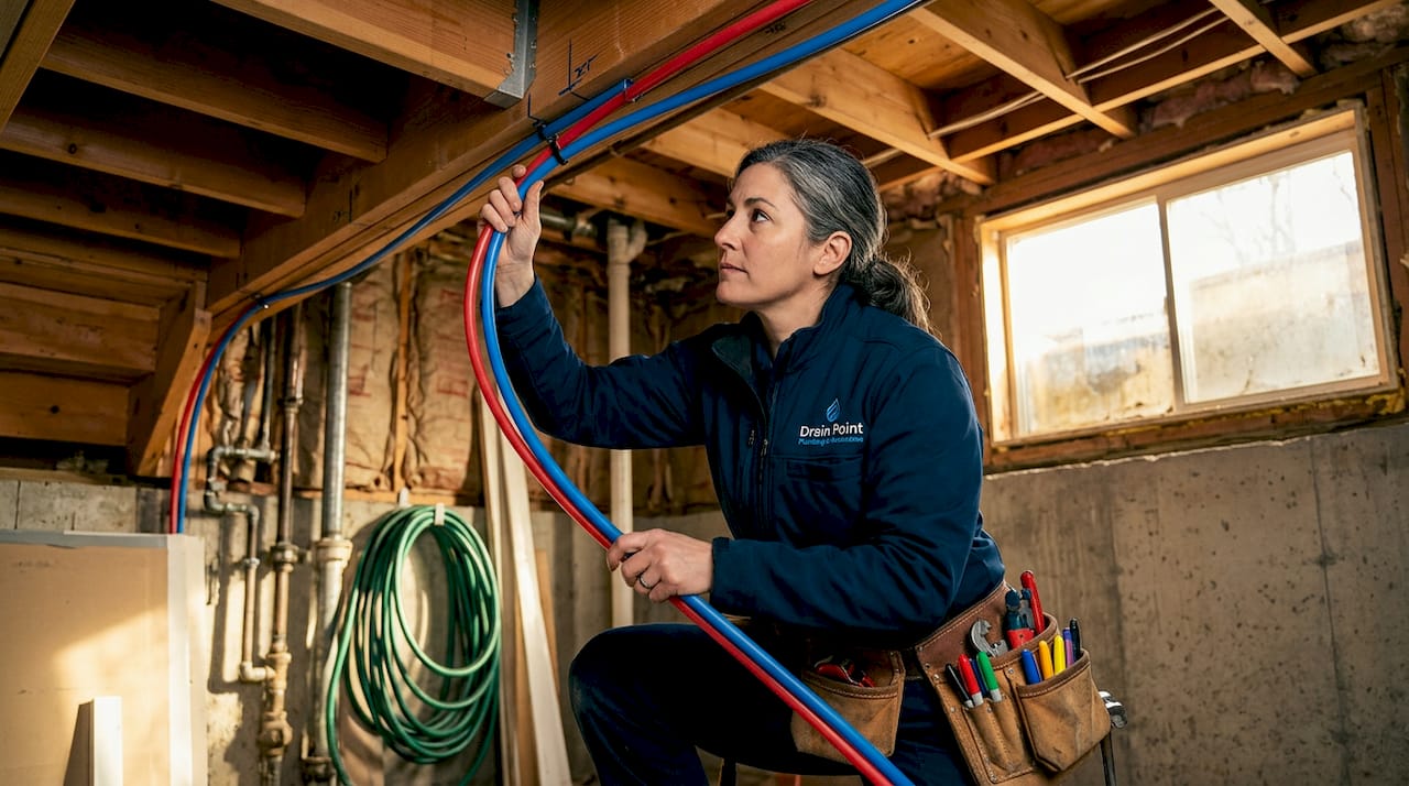 Plumber installing flexible PEX piping