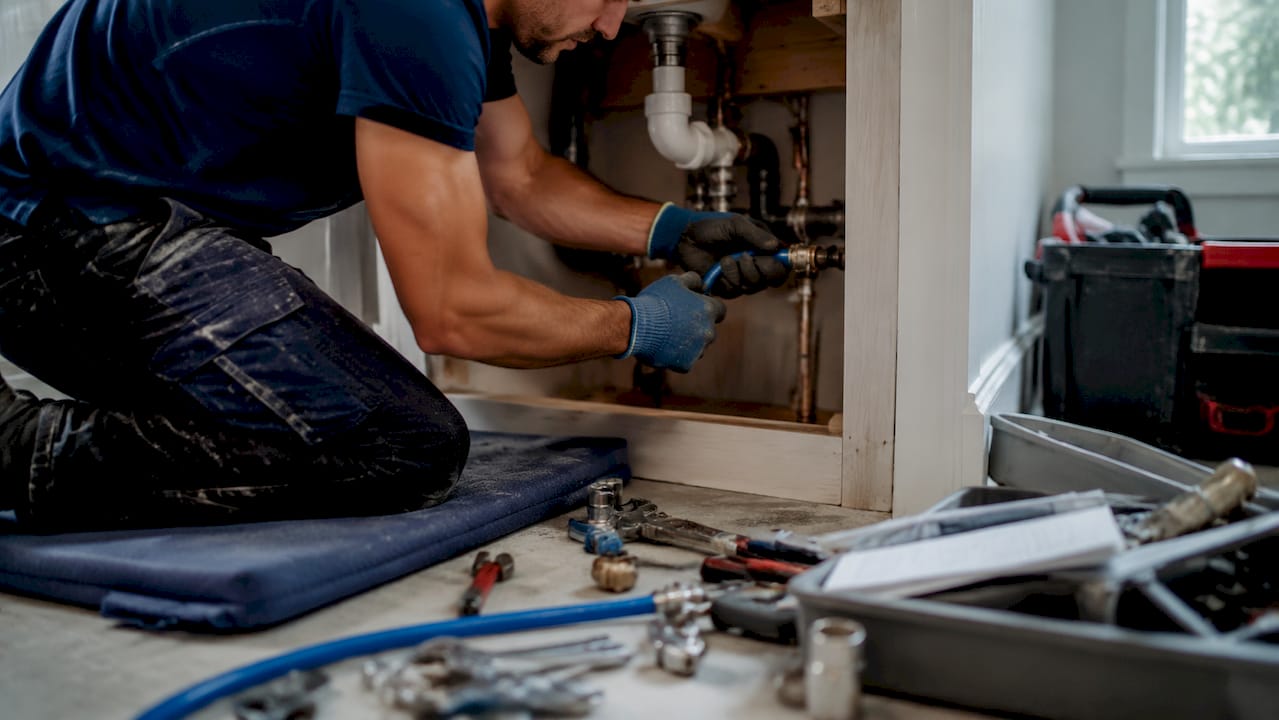Contractor fitting modern PEX plumbing pipes