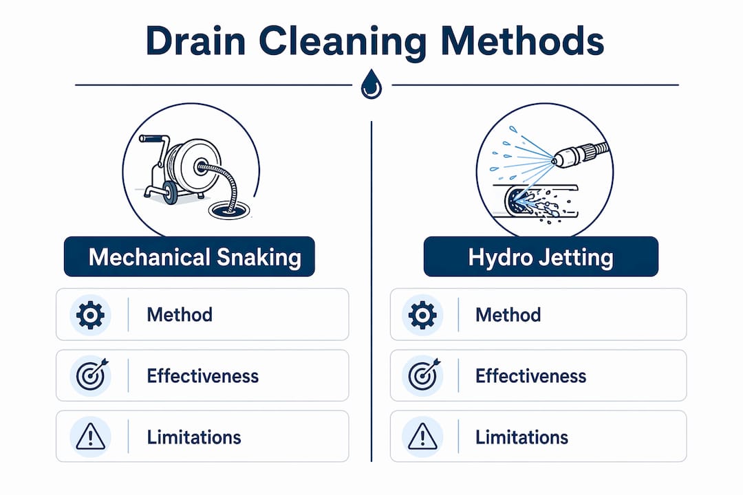 Infographic comparing hydro jetting and mechanical snaking