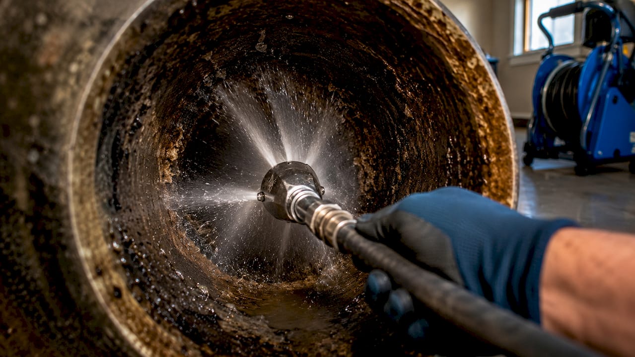 Hydro jetting nozzle cleaning residential pipe