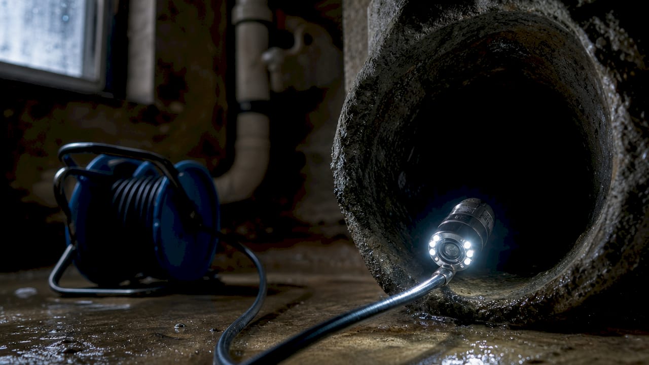Close-up of waterproof sewer camera inside pipe
