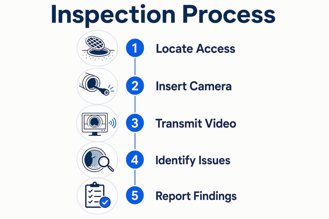 Infographic showing sewer camera inspection step-by-step process
