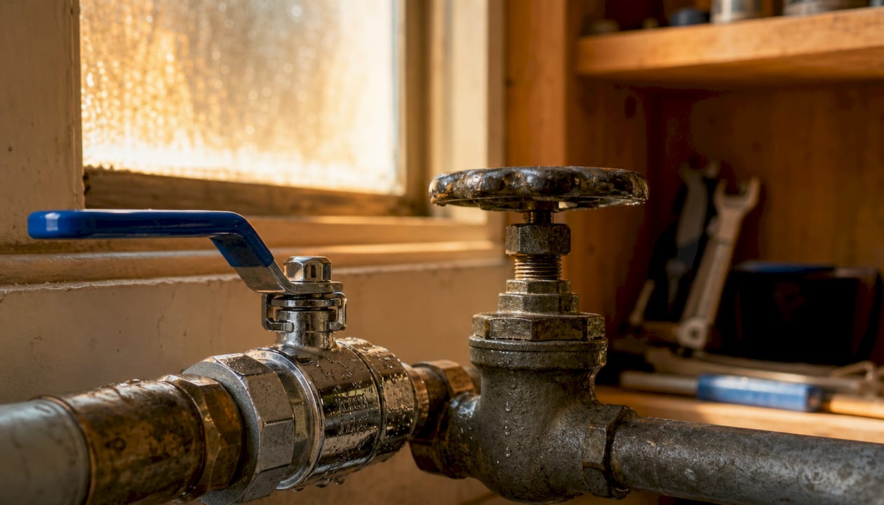 Close-up of ball and gate valves on pipes