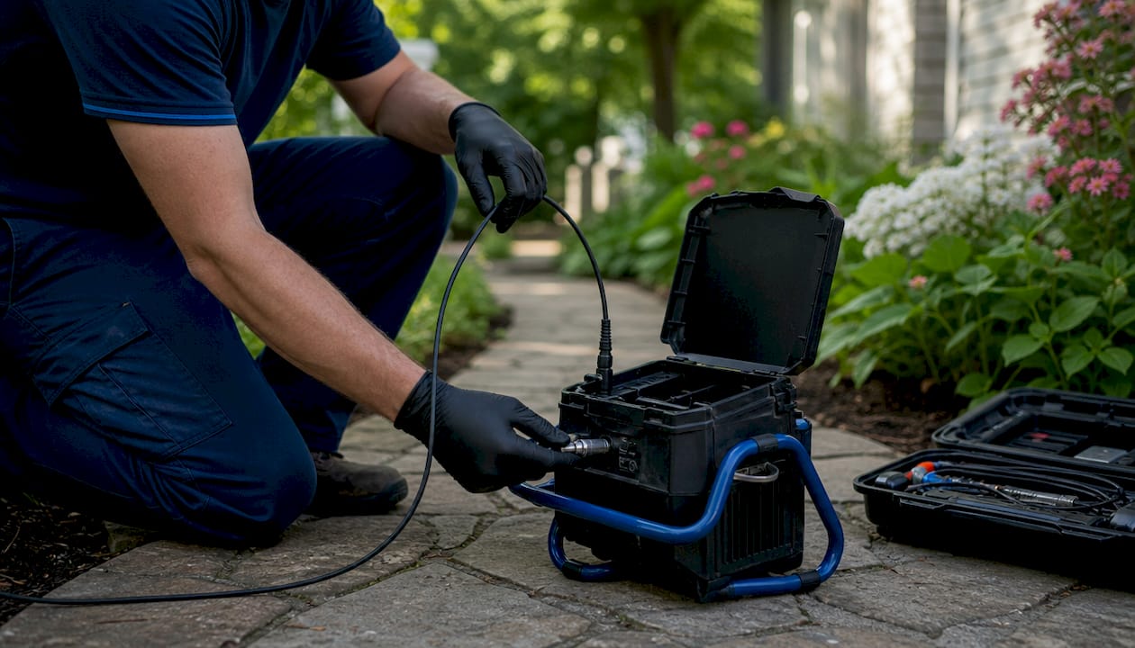 Technician handling sewer camera equipment outdoors