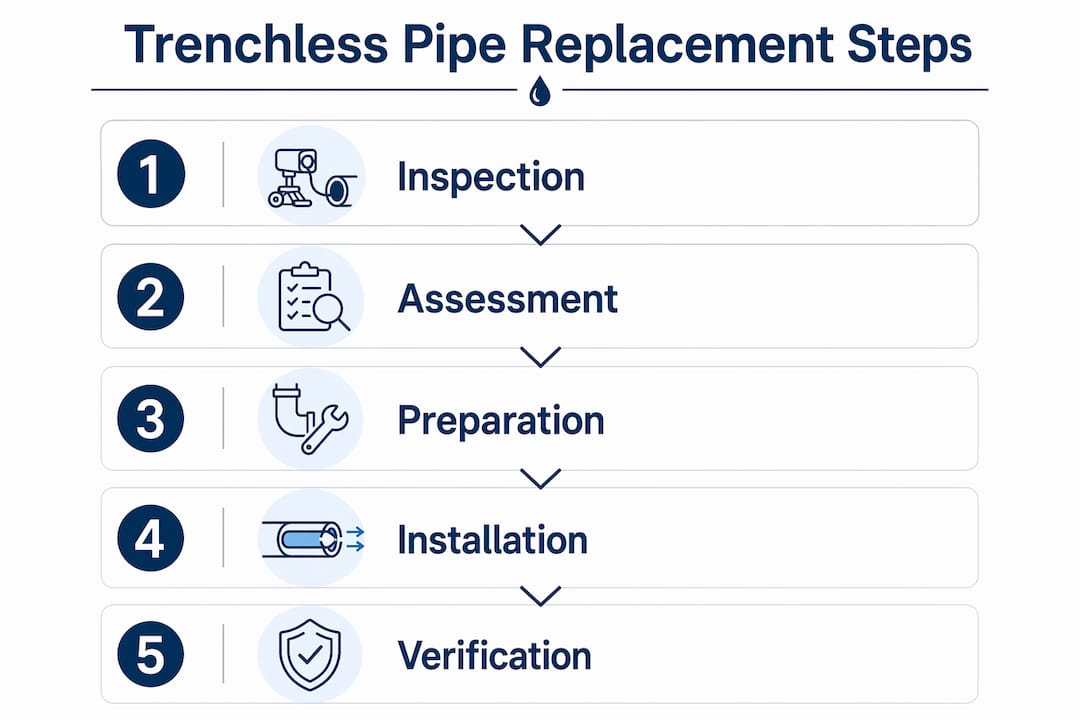 Infographic showing step-by-step trenchless pipe replacement process