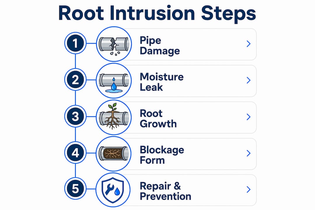 Infographic showing stages of root intrusion and prevention