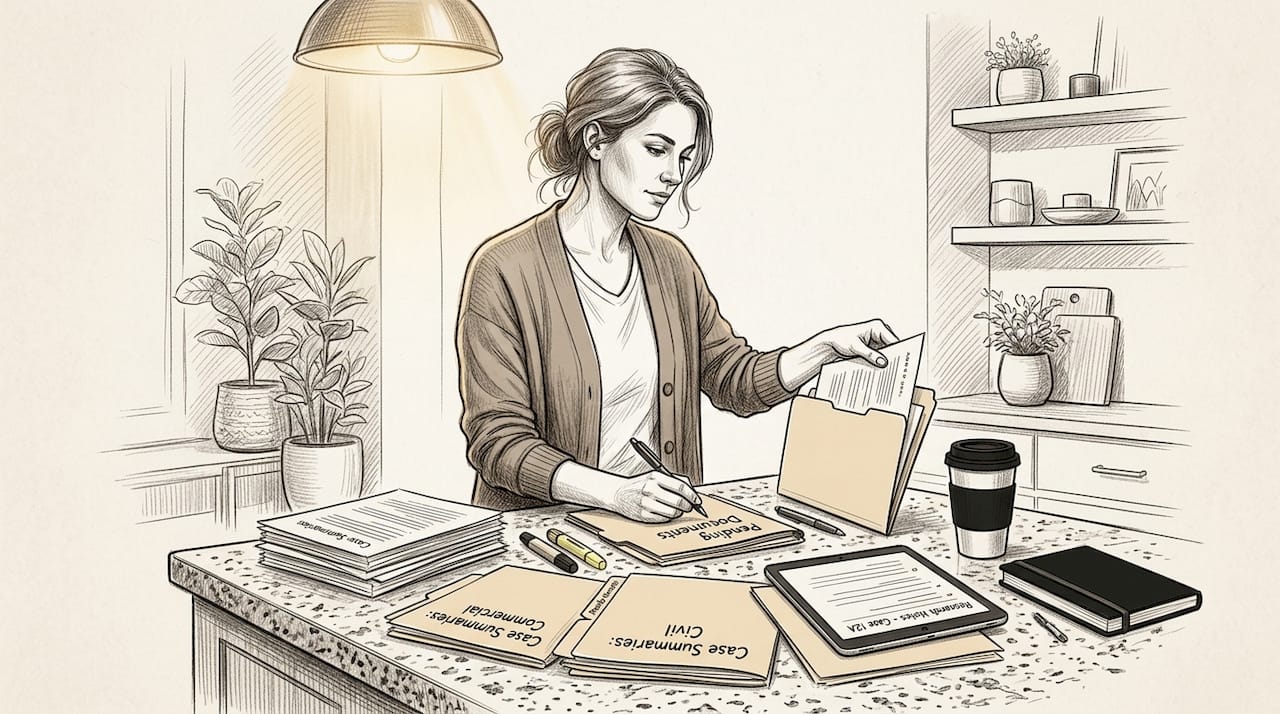 Lawyer sorting case summaries at home workspace